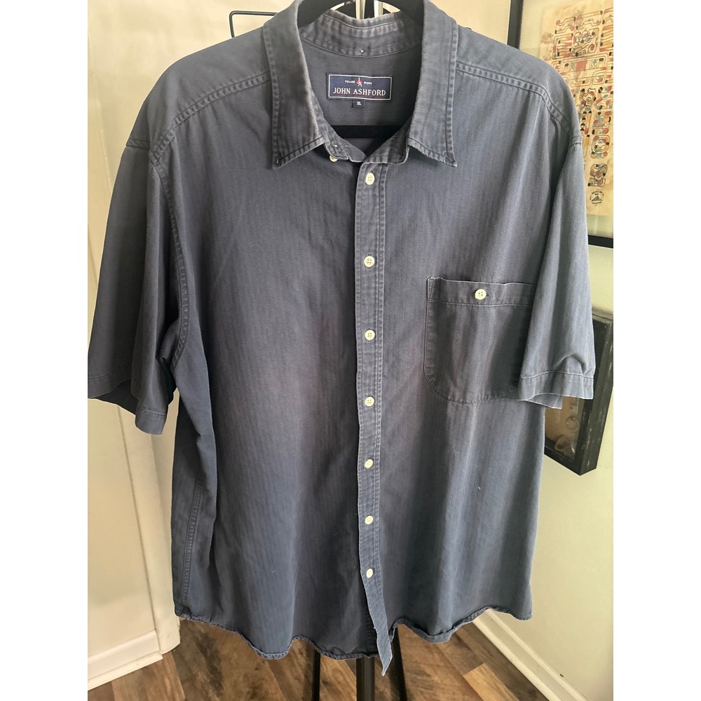 John Ashford Mens XL Blue‎ Herringbone Short Sleeve Button Down Shirt Pocket